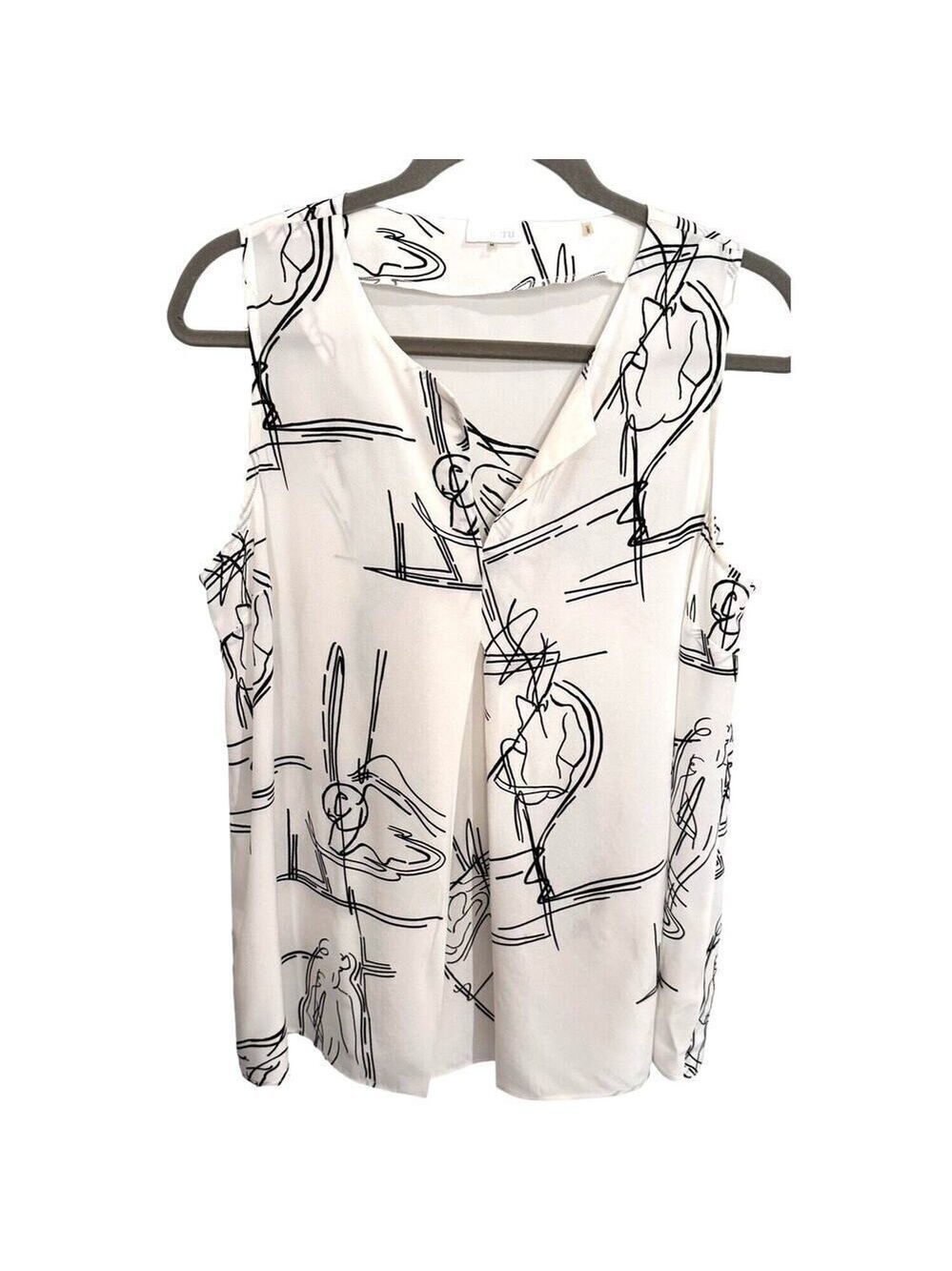Ecru Sleeveless Silk Blouse White Black Graphic Nude Silhouettes Sz M READ